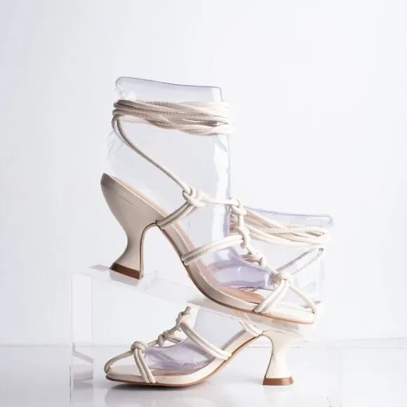 Anthropologie Womens Cream Caged Sandals Heels Lace tie Sz 5 EU 35 Leather New - Picture 2 of 10